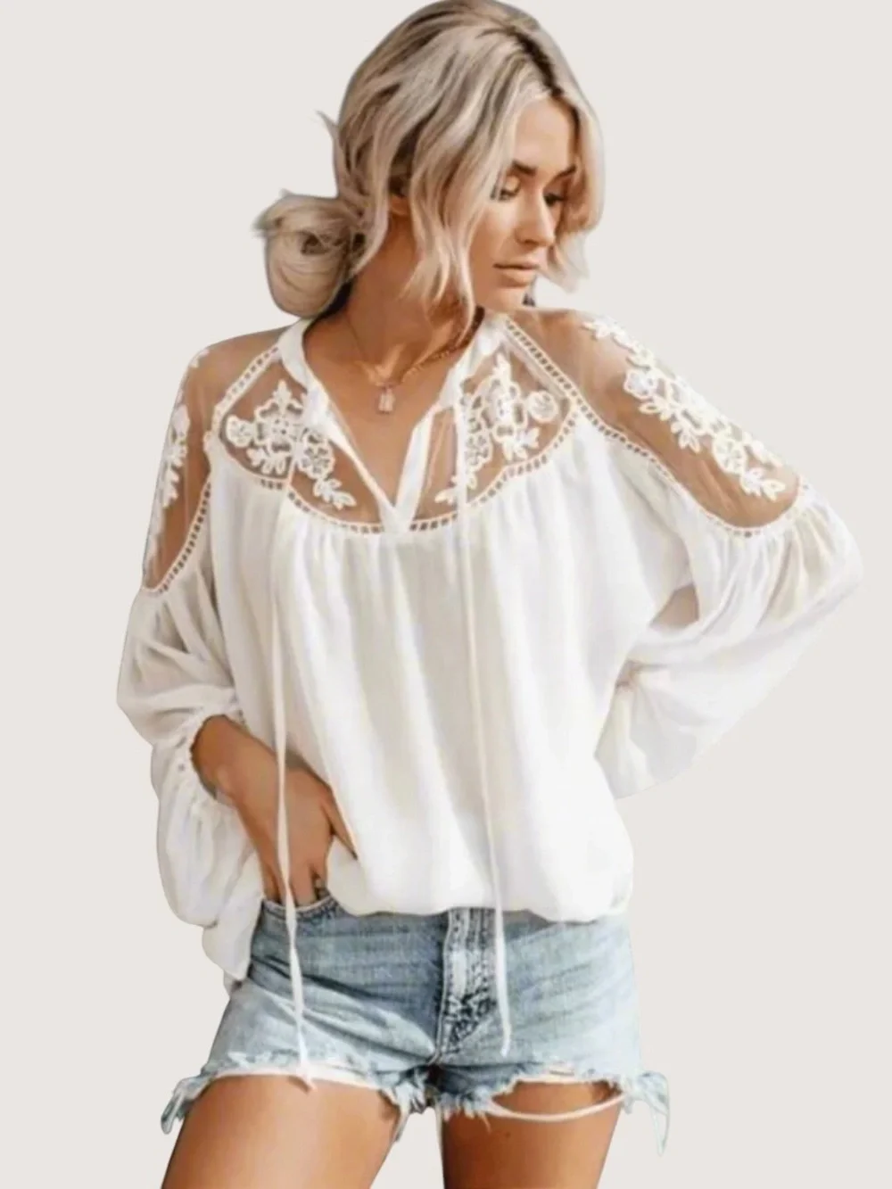Hayden Los Angeles Sheer White Bohemian Lace Long Sleeve Peasant Blouse Top L - Picture 2 of 13
